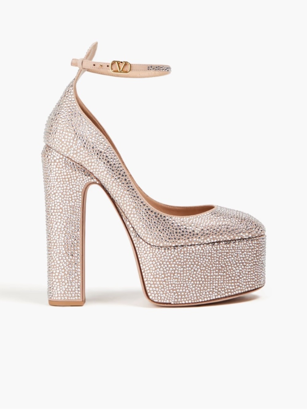 Valentino Garavani Crystal-Studded Nude Platform Pumps with Ankle Strap